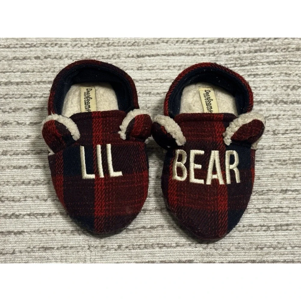 Dearfoams Lil Bear Toddler Slippers Size 7-8 Buffalo Plaid Red Black Cozy